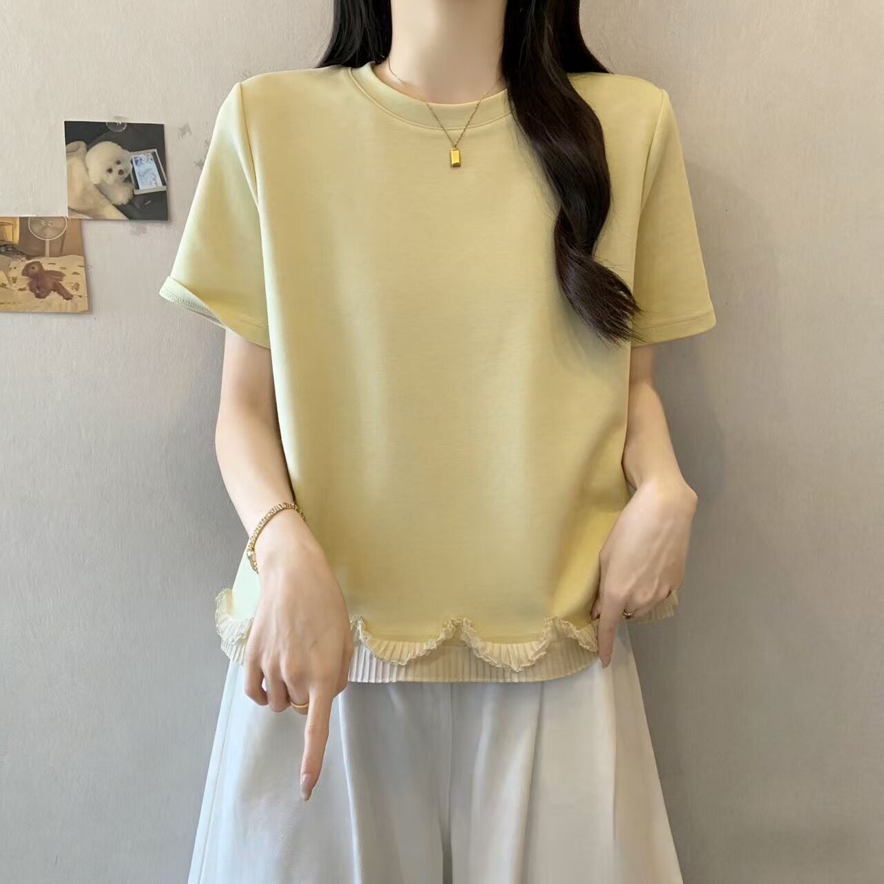 实拍大码女装2026夏季新款设计感遮肚荷叶边下摆拼接宽松短袖上衣