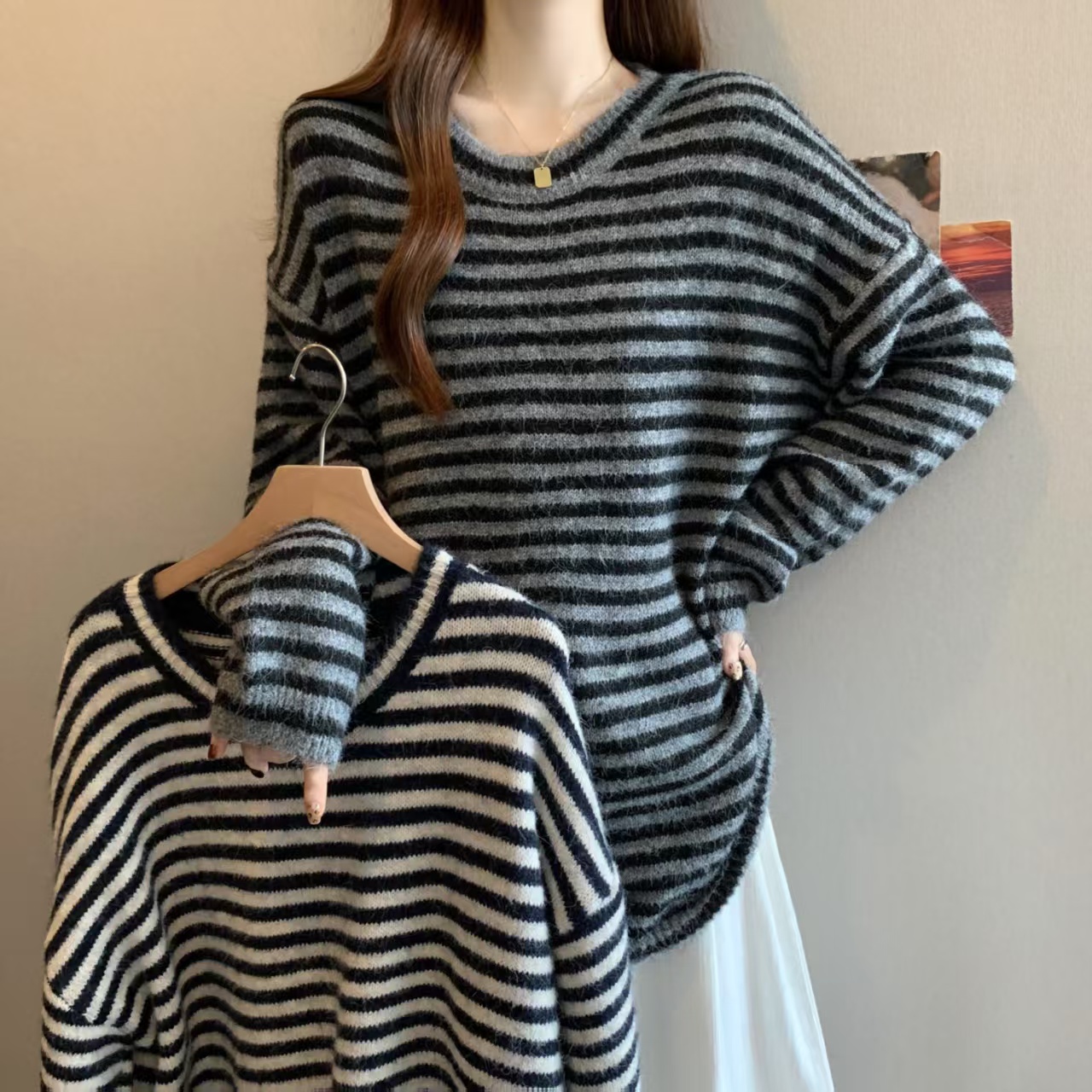 实拍大码慵懒风chic秋冬美式条纹宽松中长款长袖针织衫女6069