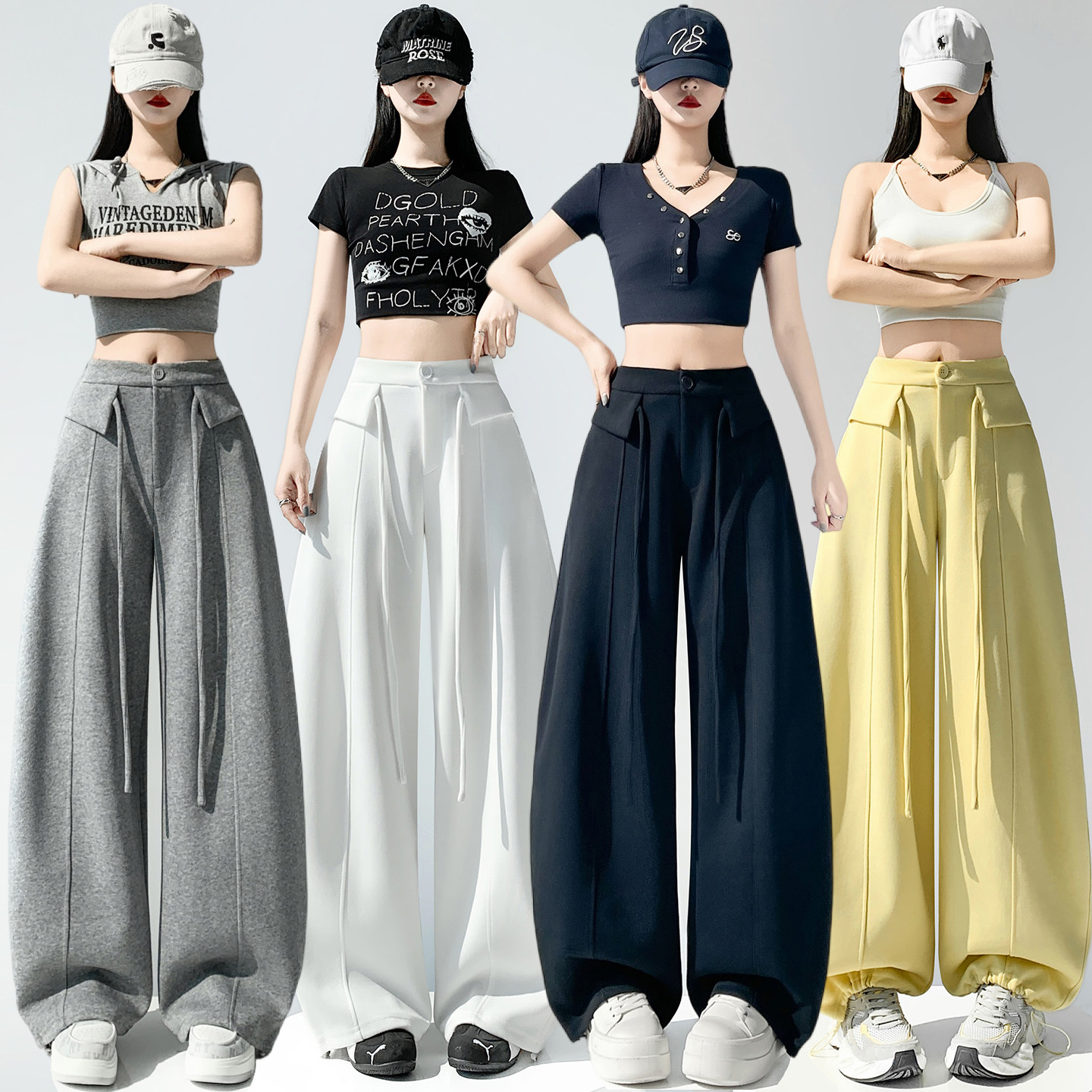 实拍烫钻弯刀阔腿裤女2026夏季新款高腰显瘦宽松休闲百搭运动卫裤