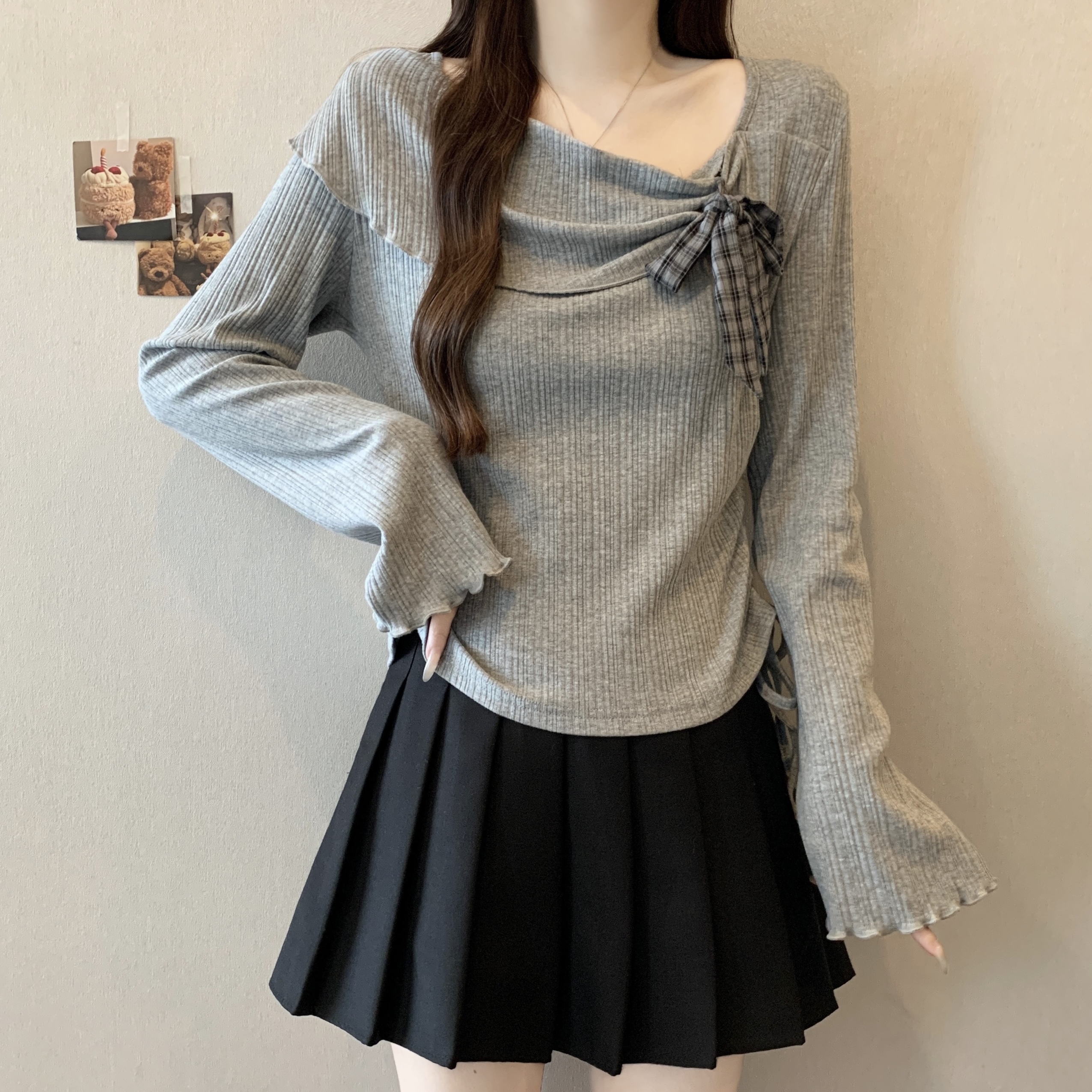 实拍~胖MM大码斜领长袖T恤女蝴蝶结绑带抽绳收腰短款上衣