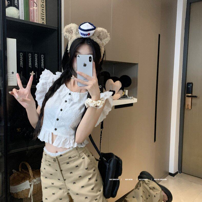 实拍  甜美辣妹白色短款镂空衬衫上衣女夏季复古休闲阔腿长裤