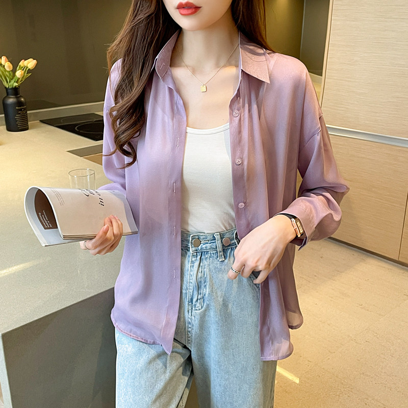 实拍高级感冰丝防晒衣女夏季薄款外套垂感长袖外搭罩衫雪纺衬衫