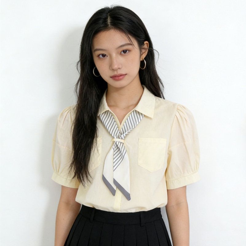AI图◆ 设计感小众领结短袖衬衫女装小个子法式复古别致上衣