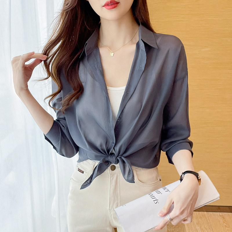 实拍防晒衣女2026夏季新款雪纺长袖休闲衬衫宽松垂感衬衣薄款开衫