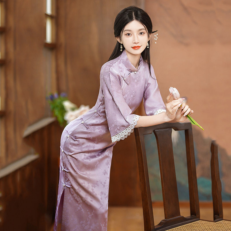 紫色全开襟复古年轻改良旗袍新款纯色少女款小个子修身气质连衣裙