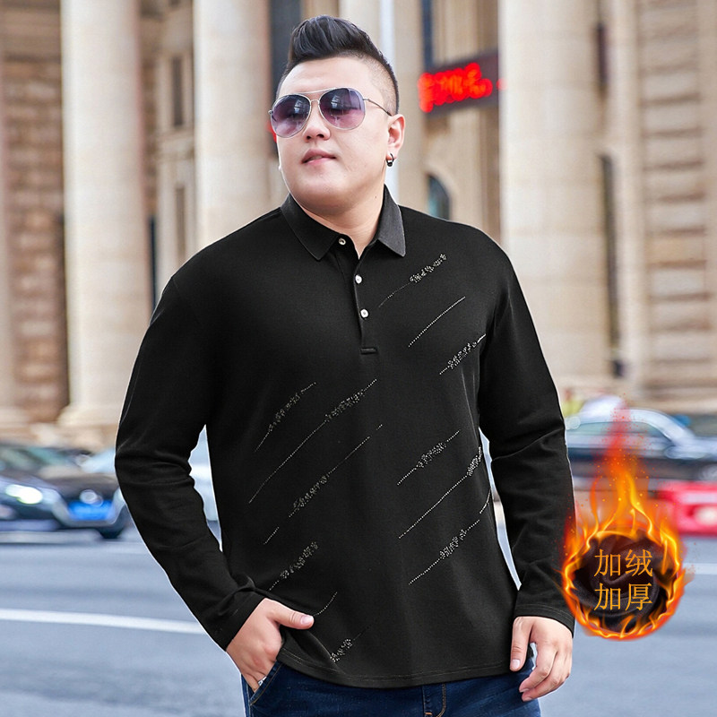毕蒙大码男装宽松长袖翻领POLO衫黑色加绒加厚肥佬加肥加大码T恤