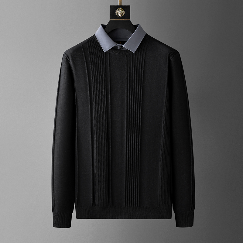 加肥加大针织衫毕蒙棉假两件翻领