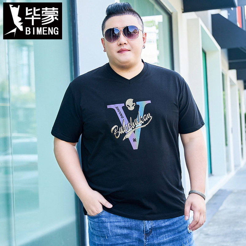 毕蒙肥佬潮流宽松休闲短袖t恤特大码男士v领纯棉半袖上衣胖子体恤