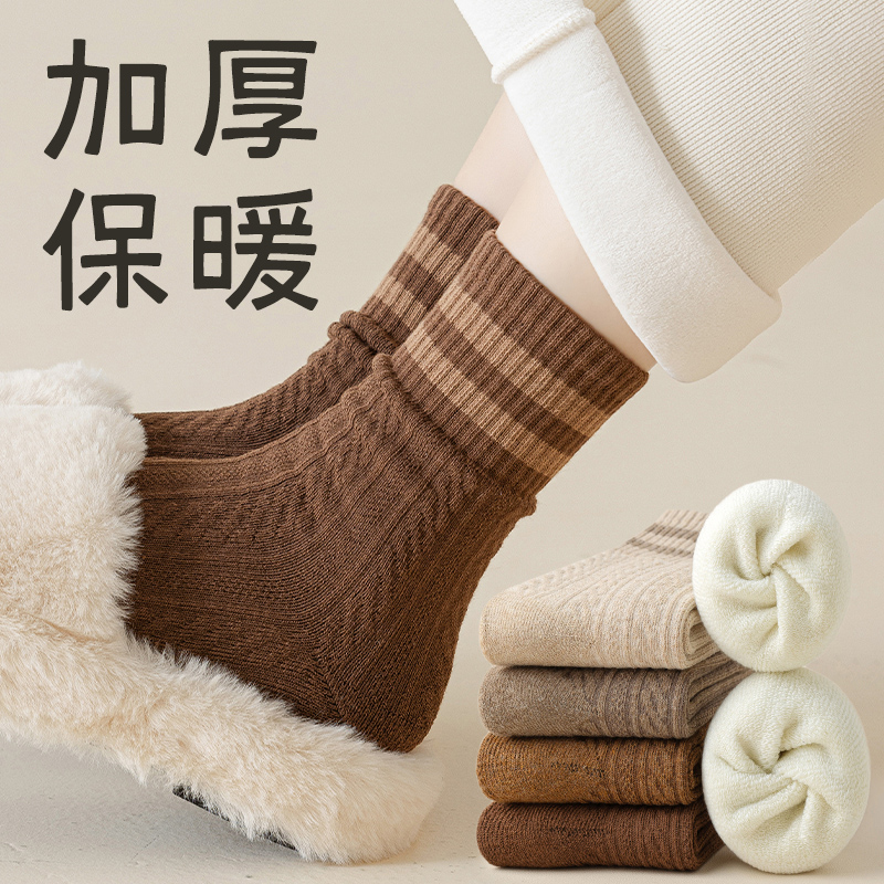 厚袜子女中筒袜秋冬款加厚加绒保暖居家睡眠地板棉袜毛圈月子袜冬