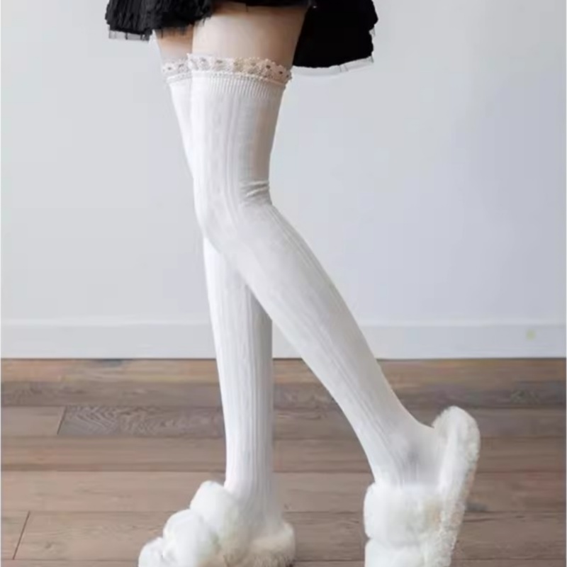 蕾丝花边过膝袜女春秋奶白色大腿日系麻花针织洛丽塔jk秋冬长筒袜