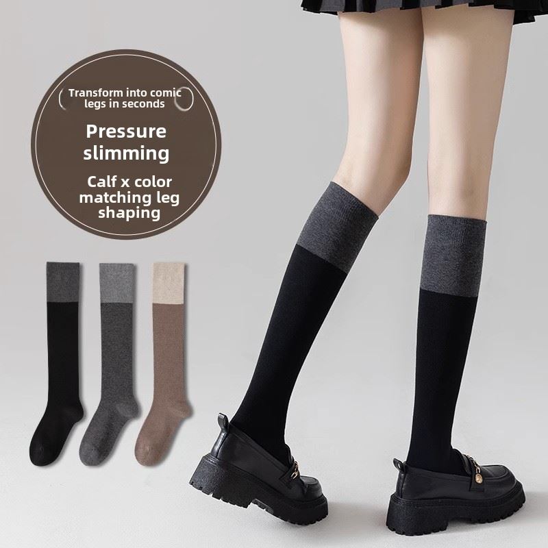 拼色小腿袜女灰色中筒冬季黑白拼接长筒过膝袜压力黑色袜子春秋冬