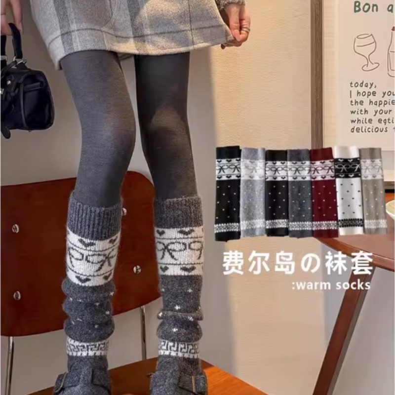 费尔岛袜套女秋冬保暖加厚小腿袜覆古美拉德蝴蝶结小腿套长筒袜子