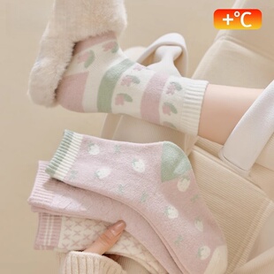 袜子女款 加厚中筒袜冬天加绒保暖毛圈袜可爱睡眠棉袜月子袜 秋冬季