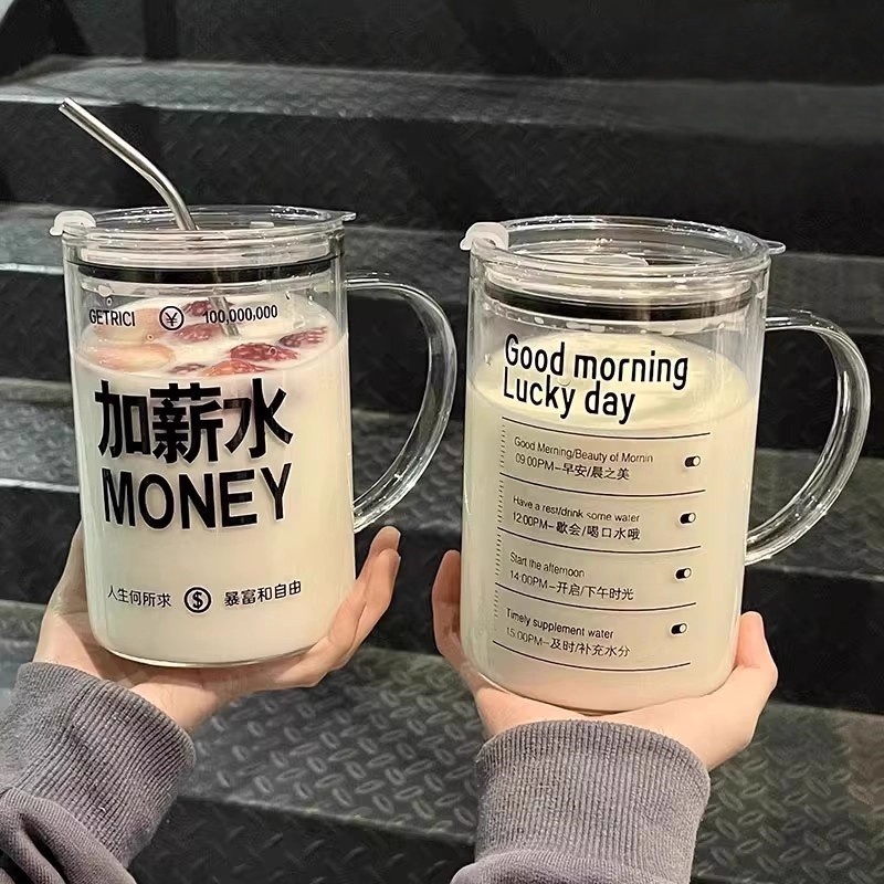 新款办公室男女生大容量1000ml刻度玻璃喝水杯带吸管咖啡杯奶茶杯
