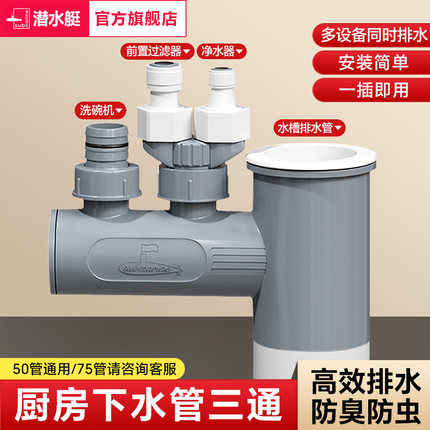 潜水艇下水管排水管三头通厨房下水管三通洗衣机烘干机下水道接头