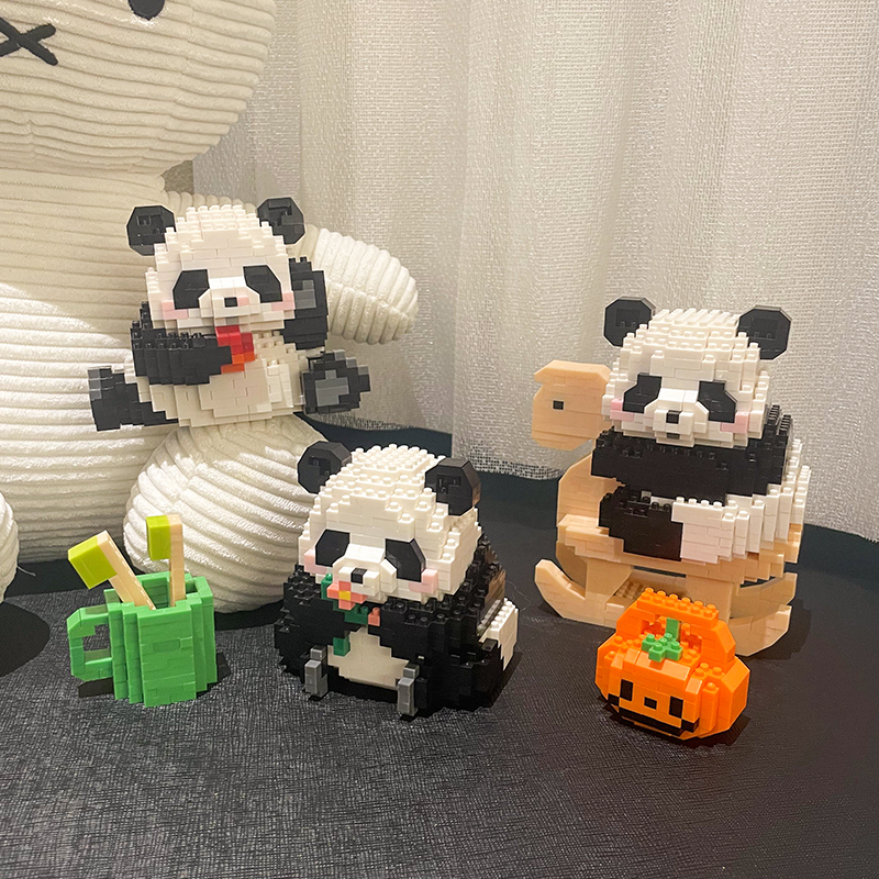 网红熊猫花花积木拼图玩具摆件