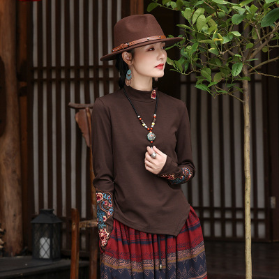 2024秋冬民族风长袖t恤女小众设计新中式重磅刺绣内搭上衣B9389