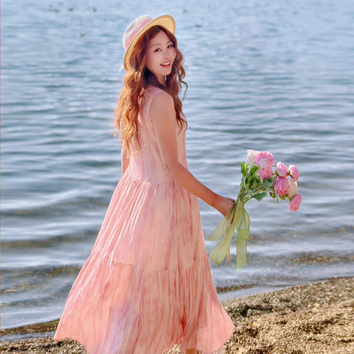 【董艺旅行穿搭】一帘幽梦背心裙大摆裙扎染图案压褶连衣裙