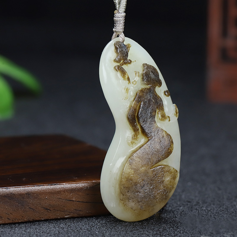 6 雨花奇珠宝和田玉籽料吊坠新疆白玉挂件玉美人苏工精雕天然真皮