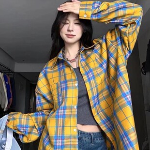 春季美式复古方格子黄色衬衫长袖女薄款中长款慵懒风防晒外套上衣
