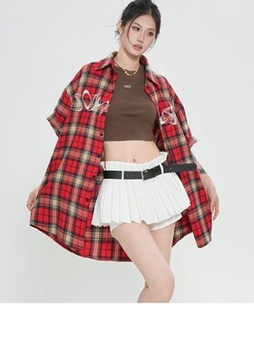 夏季美式复古红色格子衬衫女短袖上衣潮流ins小众夏天衬衣外套