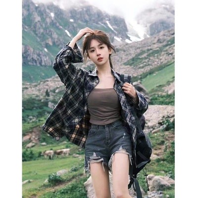 春季美式复古格子防晒衬衫女长袖慵懒风宽松薄款中长款衬衣上衣