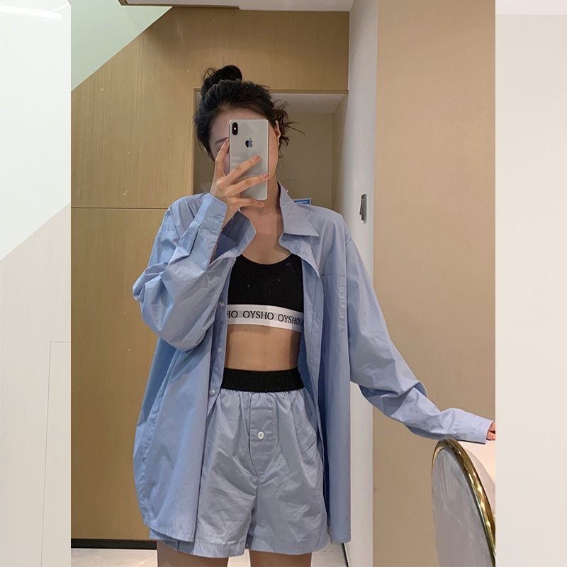 春季高级浅蓝色衬衫女长袖外套宽松学生盐系韩版时尚衬衣上衣洋气