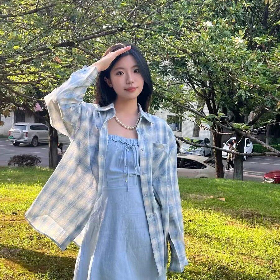 美式甜酷风灰蓝撞色格子衬衫女长袖百搭可爱休闲春季叠穿盐系外套