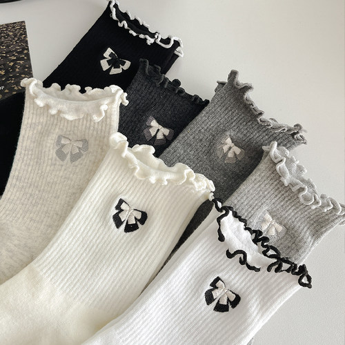 蝴蝶结袜子女纯棉中筒袜秋冬季日系木耳边百搭长袜春秋款配勃肯鞋