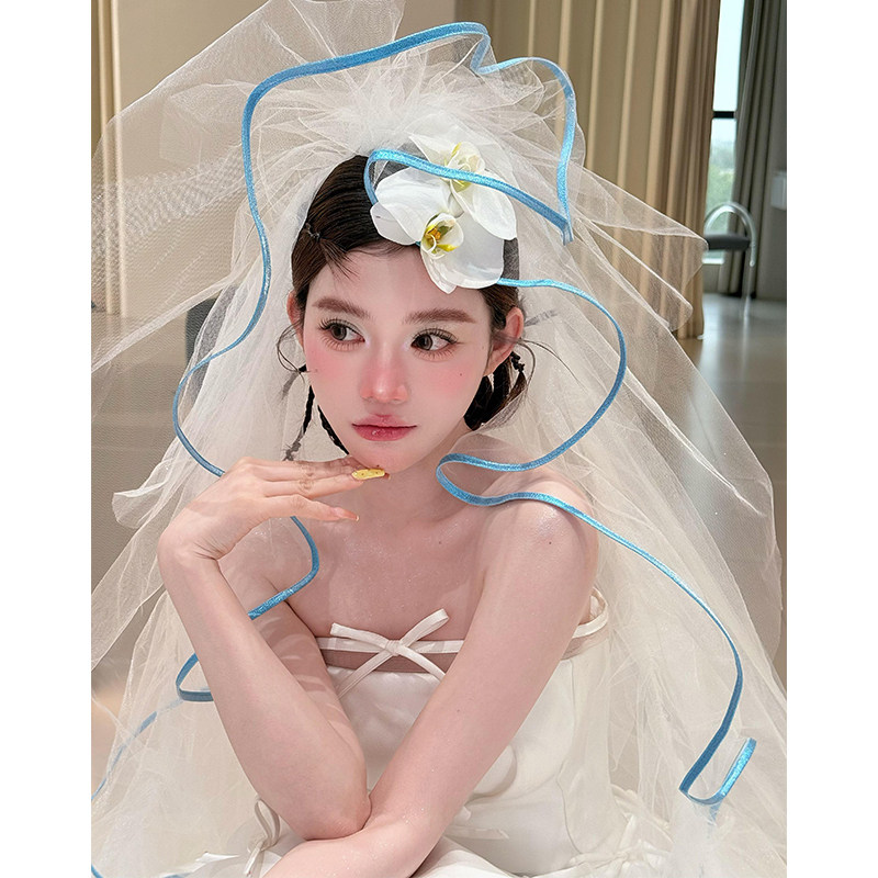 多巴胺蓝色头纱领证求婚拍照道具清新小众新娘头饰高级感蓬蓬超仙