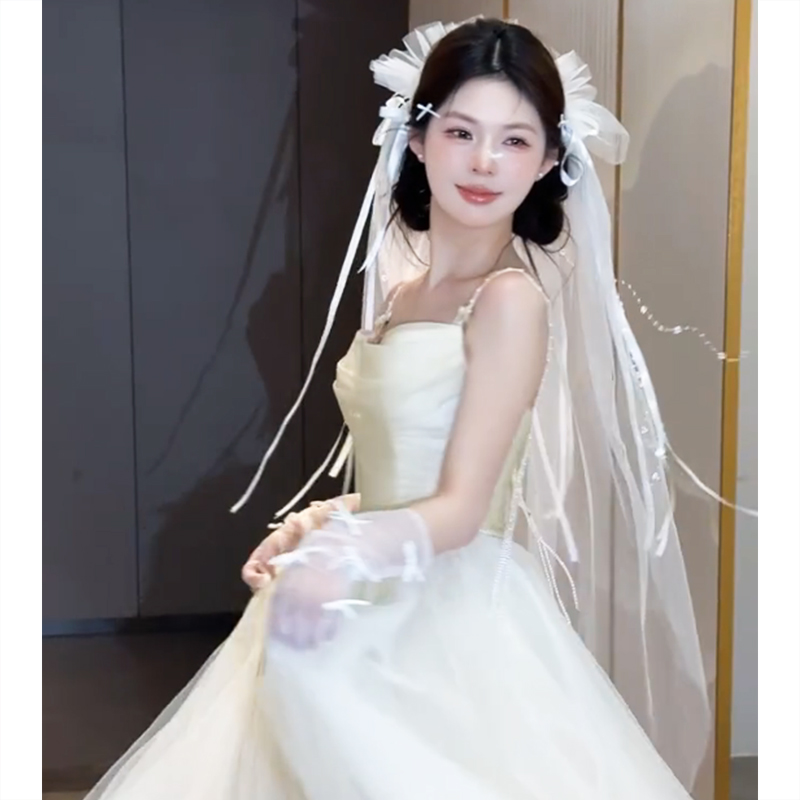 高级感求婚头纱领证白色织带