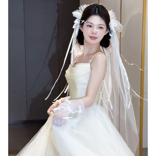 高级感求婚头纱领证白色织带流苏小众拍照道具新娘结婚森系超仙美