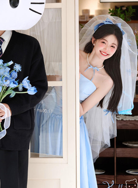 蓝色蝴蝶结头纱领证可爱多巴胺婚纱头饰旅拍照道具超仙小众高级感