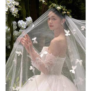 头纱新娘主婚纱高级感复古大拖尾立体蝴蝶头饰超仙森系旅拍摄道具