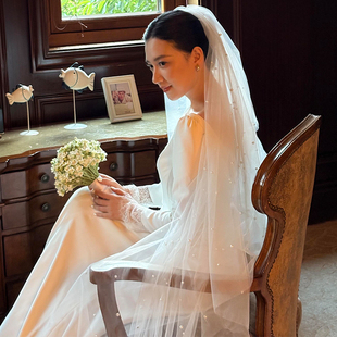 法式长款珍珠头纱新娘主婚纱超仙拍照道具复古写真造型百搭可遮面