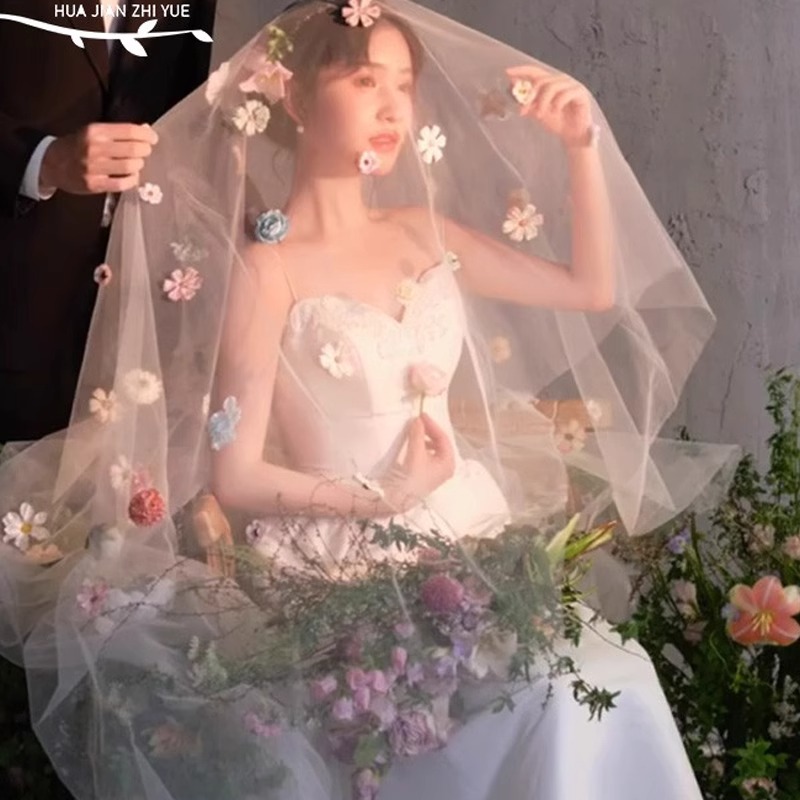 森系花朵头纱新娘婚纱发饰超仙