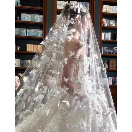 拖尾头纱新娘主婚纱奢华结婚头饰超仙飘逸高级感白色蝴蝶珍珠长款