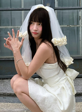 领证登记小头纱法式蕾丝边高级感