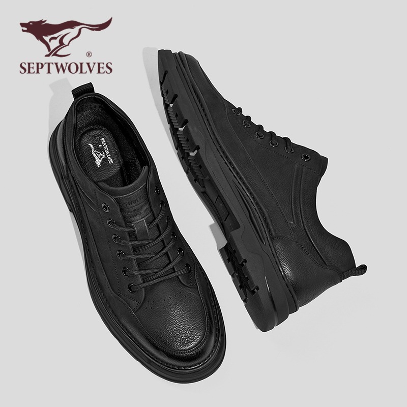 七匹狼休闲工装靴皮鞋磨砂牛皮