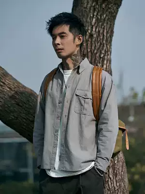 Furnace Spring and Autumn New pocket decoration shirt men's solid color lapel shirt student urban street jersey coat