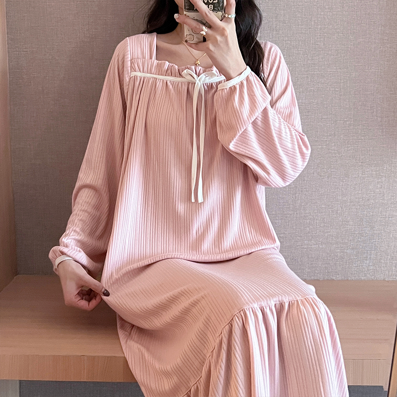 甜美蝴蝶结睡裙女长袖纯棉睡衣