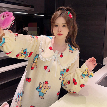 睡衣女秋冬季珊瑚绒加厚加绒甜美可爱公主风中长款加肥加大码睡裙