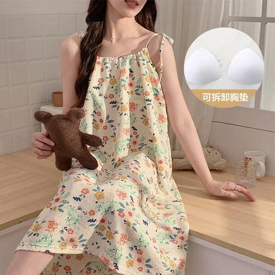 带胸垫睡裙女夏季梭织泡泡棉麻甜美可爱吊带睡衣网红风新款家居服