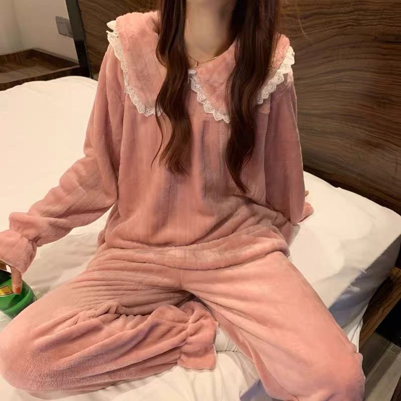 秋冬季新款睡衣女娃娃领荷叶边宽松大码法兰绒保暖春秋居家服套装