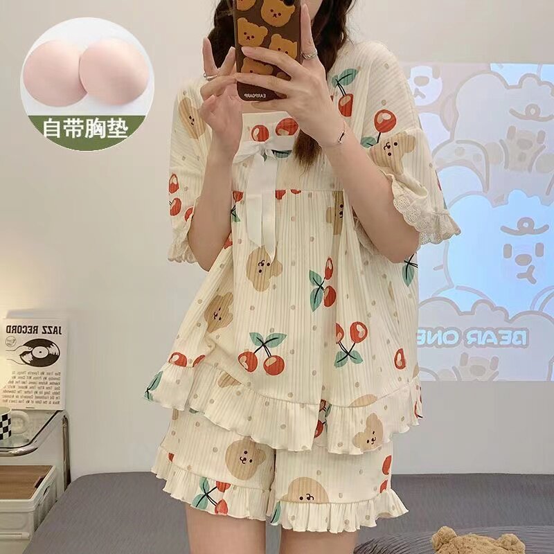 夏季带胸垫睡衣女短袖短裤套装