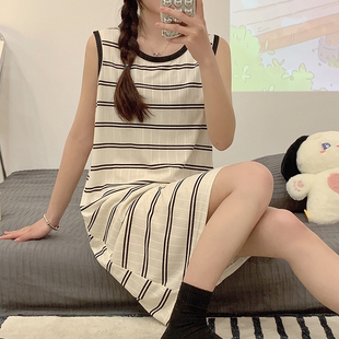 睡裙女夏季 睡衣吊带夏天学生网红风背心连衣裙家居服 条纹薄款 无袖