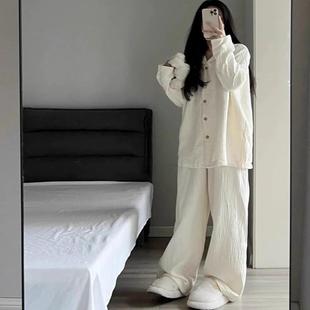 ins韩系高级感简约纯色长袖长裤春秋季睡衣女简约舒适懒惰风套装