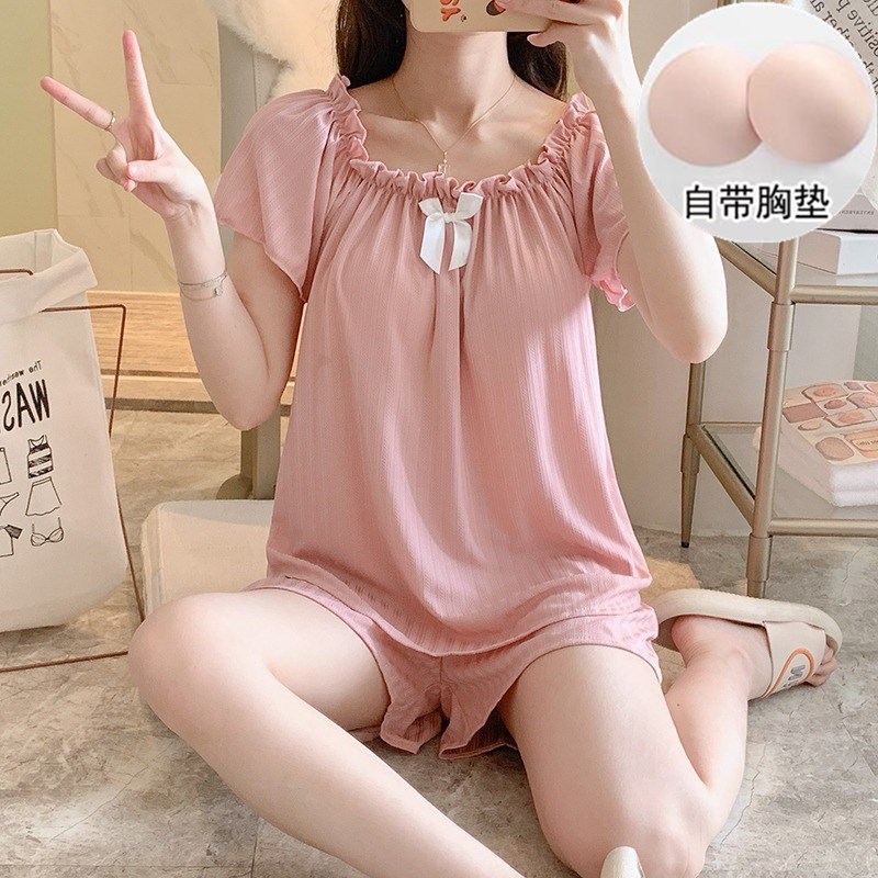 睡衣女夏季带胸垫短袖ins风大码