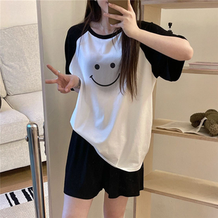 睡衣女夏季短袖拼色插肩微笑印花夏天懒惰风薄款可外穿家居服套装