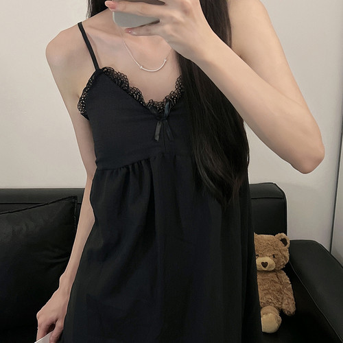 带胸垫夏简约纯色蕾丝花边睡裙女